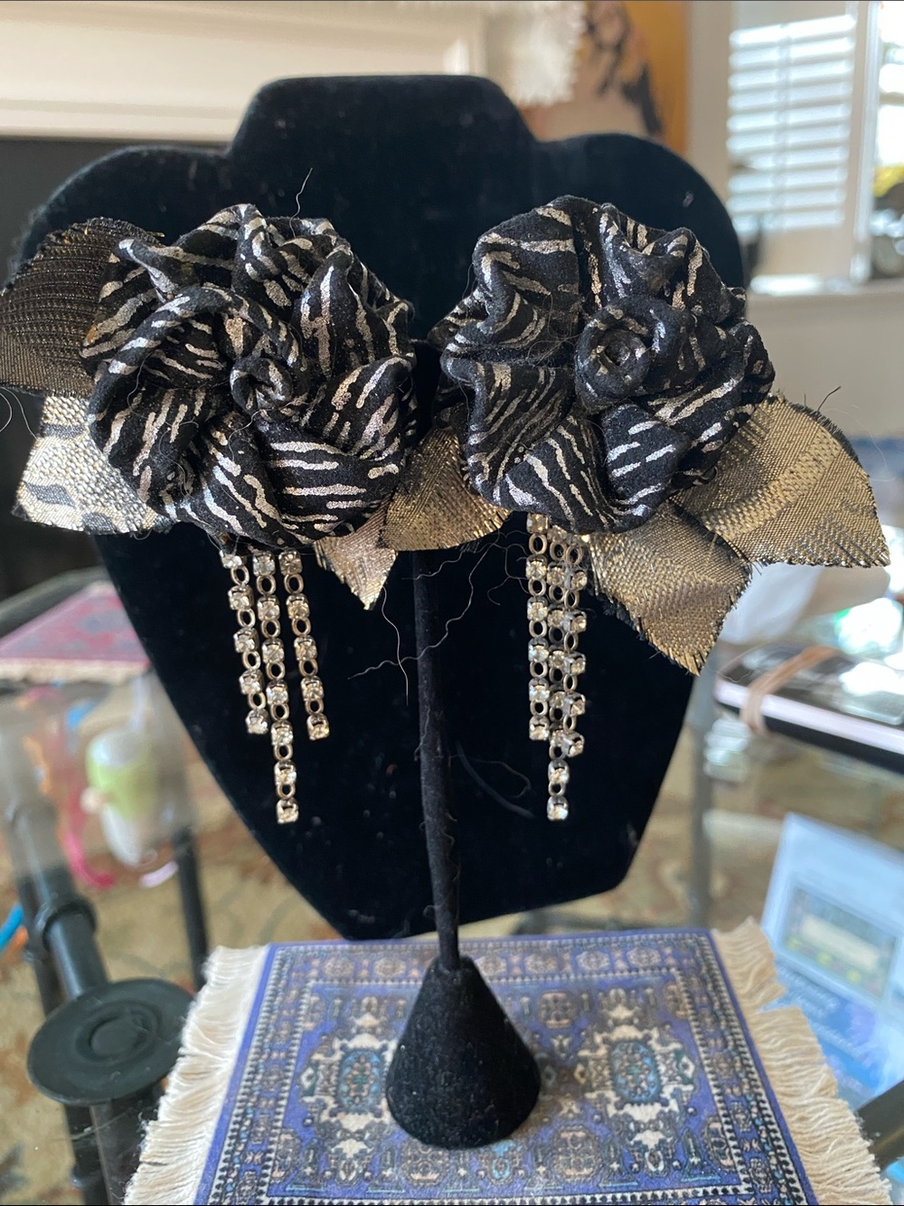 Black & Gold Floral Statement Earrings with Rhinestone Drops